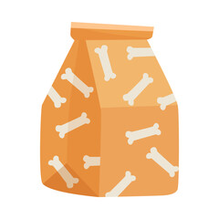 Dog food with bones on package cartoon illustration. Cartoon drawing of orange bag of treats for pets or puppies isolated on white background. Equipment, food, animal care concept