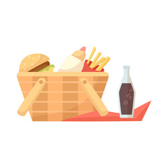 Wicker basket with fast food cartoon illustration. Picnic basket full of hamburger, hot dog, fries, soda in bottle on blanket for family dinner or romantic date outdoor. Summer, food, weekend concept