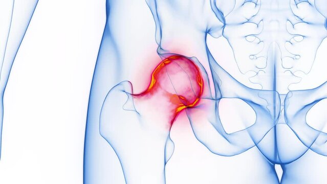 3D rendered Medical Animation of a man's inflamed right hip.