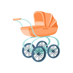 Fototapeta na wymiar Orange stroller for babies vector illustration. Buggy or carriage for newborn children isolated on white background. Safety, transportation, baby care concept