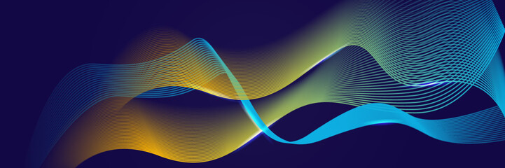 Blue yellow orange abstract background with glowing wave. Shiny moving lines design element. Modern gradient flowing wave lines. Futuristic technology concept. Vector illustration