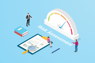 risk assessment concept with speedometer and people and graph chart analysis data information with isometric flat style - obrazy, fototapety, plakaty