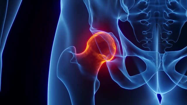 3D rendered Medical Animation of a man's inflamed right hip joints.