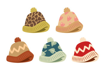 Cute warm hats with pompoms vector illustrations set. Collection of cartoon drawings of colorful caps isolated on white background. Accessories, headwear, fashion, winter concept