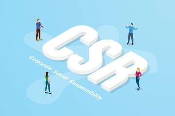 csr corporate social responsibility big text word and people around with modern isometric style