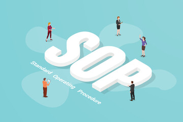 sop standard operating procedure big text word and people around with modern isometric style