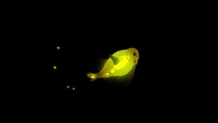 Black background with illuminated yellow and orange neon colors . Design. Bright animation with transparent neon fish that move in different directions very smoothly