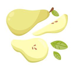 Cut and whole pears vector illustrations set. Collection of cartoon drawings of green pear, slices of fruit with seeds isolated on white background. Food, healthy eating, nutrition, diet concept