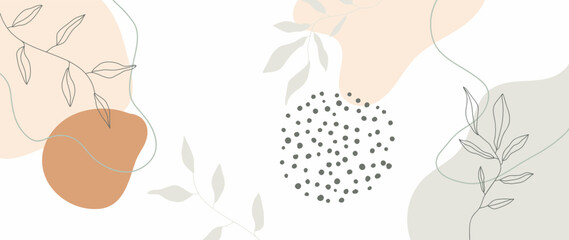 Minimal abstract background vector illustration. Soft earth tone pastel color organic shape, dot pattern, curve lines, leaf branch. Design for wall art, print, poster, home decor, cover, wallpaper.