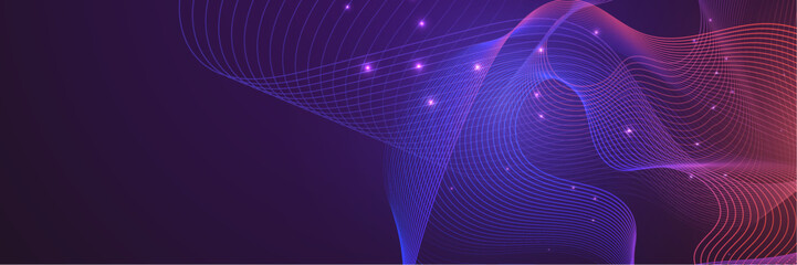 Vector wave lines flowing dynamic colorful blue pink isolated on dark blue background for concept of AI technology, digital, communication, science, music