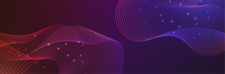 Vector wave lines flowing dynamic colorful blue pink isolated on dark blue background for concept of AI technology, digital, communication, science, music
