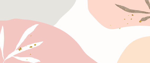Minimal abstract background vector illustration. Soft earth tone pastel color organic shape, watercolor leaf branch, gold texture. Design for wall art, print, poster, home decor, cover, wallpaper.