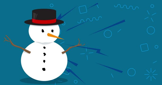 Snowman with hat and Carrot on blue background. Video for holiday message.