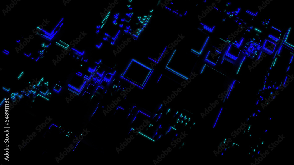 Poster dark background with backlight. design.yellow and blue outline with illuminated squares of different