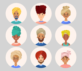 Portraits of smiling people in turbans vector illustration set. Six happy people in colorful turbans in circles isolated on gray background. Photo concept