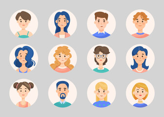 Portraits of different looking people vector illustration set. Portraits of three men and nine women in circles isolated on gray background. Photo concept