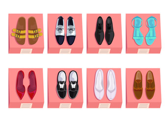 Shoes on boxes vector illustration set. Eight pairs of shoes, sneakers, sandals, ballet flats isolated on white background. Shoe concept