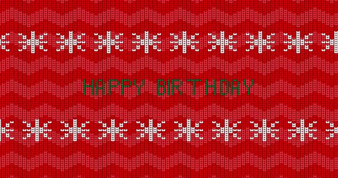 Christmas and New Year holidays season red ugly sweater with white snowflakes and Happy Birthday text. Animation of Winter knitted sweater pattern.