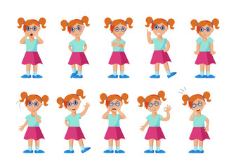 Facial expressions of female character vector illustration set. Ten full-length images of girl showing different emotions isolated on white background. Emotions concept.