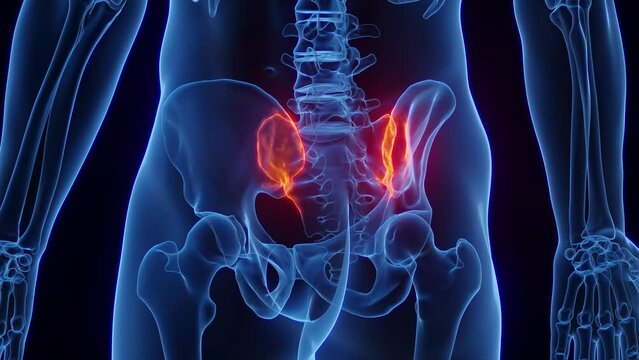 3D rendered Medical Animation of inflammation at man's pelvic joints.
