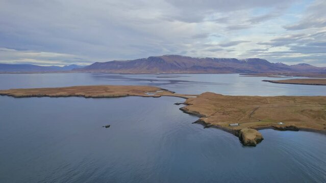 Videy Island Historic Isle Landmark In Kollafjordur Bay Near Icelandic Capital Reykjavik. Aerial Drone Shot.