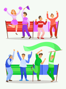 People rejoicing in victory vector illustration set. Happy positive men and women celebrating victory and rejoicing together isolated on white background. Sport fans concept
