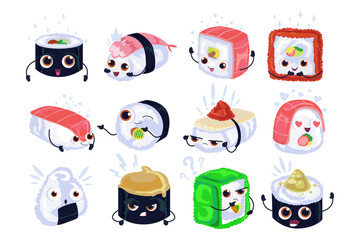Fototapeta premium Cute sushi and rolls with smiling face vector illustration set. Japanese traditional cuisine dishes. Temaki, nigiri, tamago, uramaki, futomaki isolated on white background. Japanese cuisine concept.