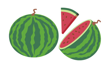 Whole and cut watermelon vector illustrations set. Collection of cartoon drawings of half and slice of watermelon isolated on white background. Food, healthy eating, nutrition, diet concept