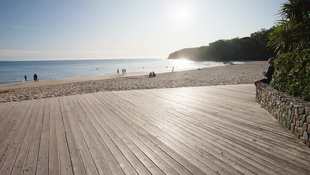 Boardwalk Entrance To Sandy Beach In Noosa Heads Tourist Destination, 4K Slow Motion