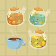 Glass teapots and teacup vector illustrations set. Collection of fruit and berry tea in pots, blue cup with tea or coffee isolated on green tile background. Coziness, tea time, beverage concept