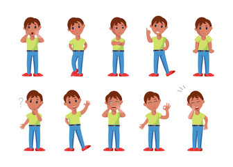 Facial expressions of male character vector illustration set. Ten full-length images of boy showing different emotions isolated on white background. Emotions concept