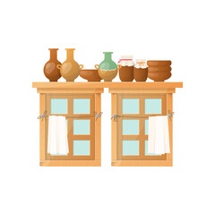 Old Russian hut window with pots and bottles vector illustration. Farm house interior, rural kitchen utensils isolated on white background. Russia, culture concept.