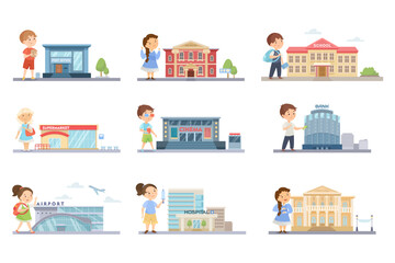 Children near public buildings vector illustration set. Nine children near post office, museum, school, supermarket, cinema, bank, airport, hospital, theater isolated on white background. City concept