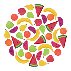 Circle pattern with different fruits vector illustration. Bananas, pears, oranges, apples, slices of watermelon isolated on white background. Food, healthy eating, nutrition, diet concept