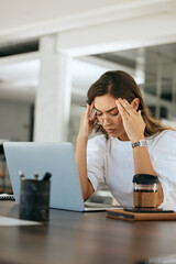Stress, headache and laptop with business woman for burnout, overworked and anxiety. Mental health,...