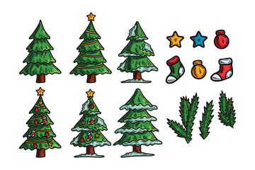 Christmas Tree, Pine Tree, Fir Tree, Christmas Tree Set, Vintage Doodle, Christmas Doodle