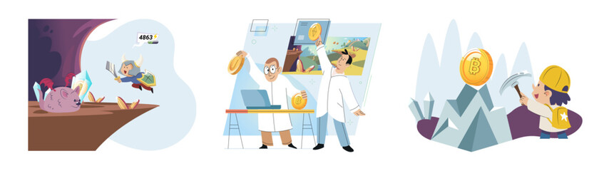 Play to earn, video games in which player can receive rewards with real value, blockchain projects. Cyber cartoon characters playing games to earn cryptocurrencies, trying to find money and power ups