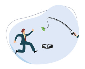 Businessman chasing dollar hanging on fishing hook and trying to catch it. businessman played by money trap game. concept of people controlled by money. money fishing. cartoon vector. flat design