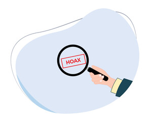 hand holding a magnifying glass with a hoax inscription. search and find hoax news. flat design vector cartoon illustration isolated on white background