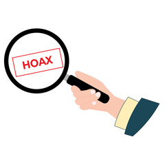 vector cartoon of a hand holding a magnifying glass. search and find hoax news