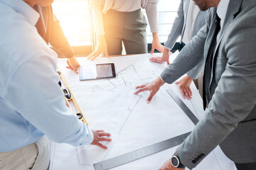 Architecture blueprint, teamwork hands and workshop meeting, office planning or industrial logistics, building development or project management. Engineering group, floor plan and construction design