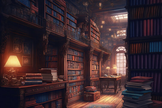 AI generated image of an old ornate but abandoned Victorian library