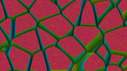 Psychedelic movements of forms on surface. Design. Surface with effect of dry cracks. Surface of moving polygons with psychedelic transformations