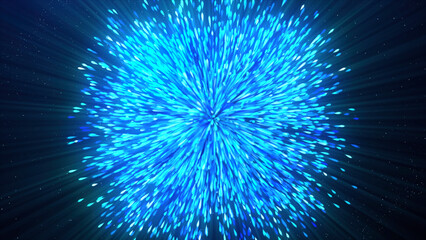 Colorful particles and strings spreading on a blue background. Motion. Moving rays into all the sides.