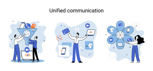 Unified communication metaphor. Social media creative idea. Online social network. Business interaction applications. Marketing time. Mobile computer gadgets for cooperations and information exchange