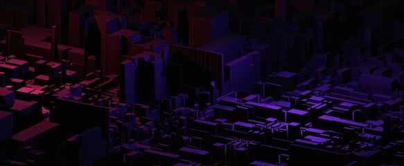 Dark city with neon illumination background. Futuristic purple metropolis with 3d render glowing gradient backlight. Virtual cyber building with ultraviolet light