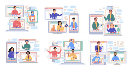 Virtual meeting, online teamwork. Desktop computer with group of colleagues taking part in video conference. Software for videoconferencing and online communication. Online skull session, webinar