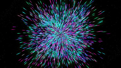 Fototapeta premium Black background with shiny multicolored abstraction . Motion . Lines of different sizes that fly like fireworks and spread out, filling up all the free space and making it multicolored.