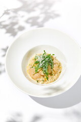 Italian cheese risotto on white plate. Creamy risotto topped parmesan cheese and espuma. Italian risotto with cheese on light background with shadows of leaves Simple italian menu