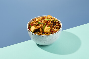 Asian fried noodles with tofu cheese and vegetables isolated on white background Vegetarian fried noodles with tofu and shiitake mushrooms in ceramic bowl. Stir-fry udon with vegetables and tofu